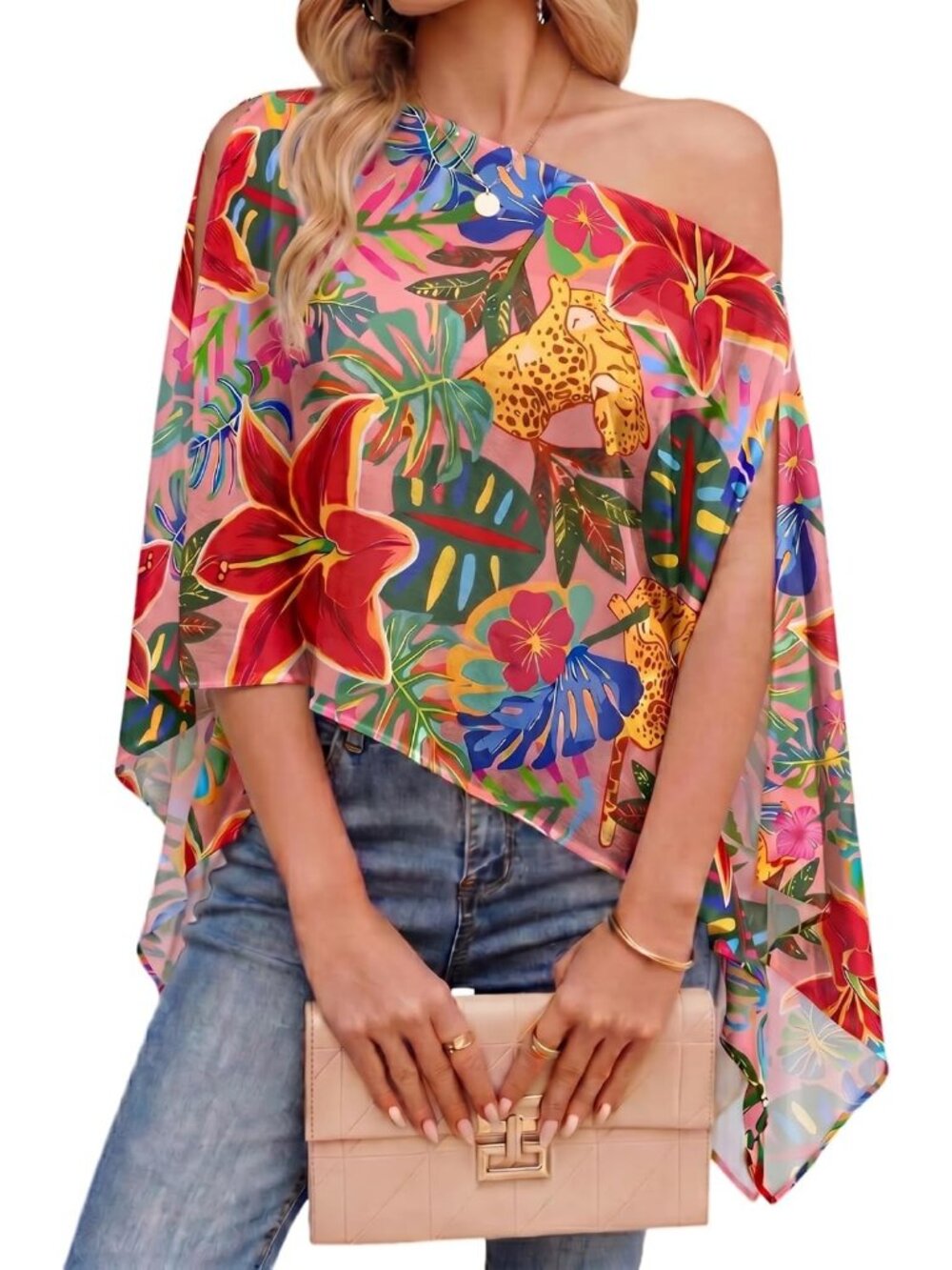 Women's Floral Print Off Shoulder Chiffon Batwing Slit Sleeve Sheer Loose Blouse